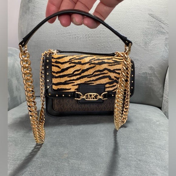 NWT Michael Kors, Heather Brown, multi tiger and leather gold Crossbody bag $398 - Picture 4 of 17